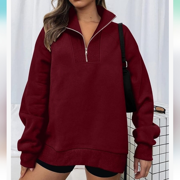 Women's Burgundy Half-Zip Sweatshirt - Picture 2 of 6